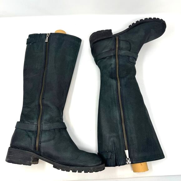 BP Black Leather Boots Tall 6.5 Zip Up Riding Boho Moto Biker Western Goth - Picture 9 of 10